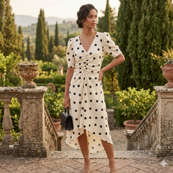 a new day Dresses & Skirts - New Day Poka Dot Ruched Puff Sleeve Midi Dress Cream Size: M